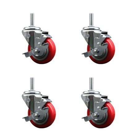 Service Caster 35 Inch Red Polyurethane Wheel Swivel 34 Inch Threaded Stem Caster Set with Brake SCC SCC-TS20S3514-PPUB-RED-TLB-34212-4
